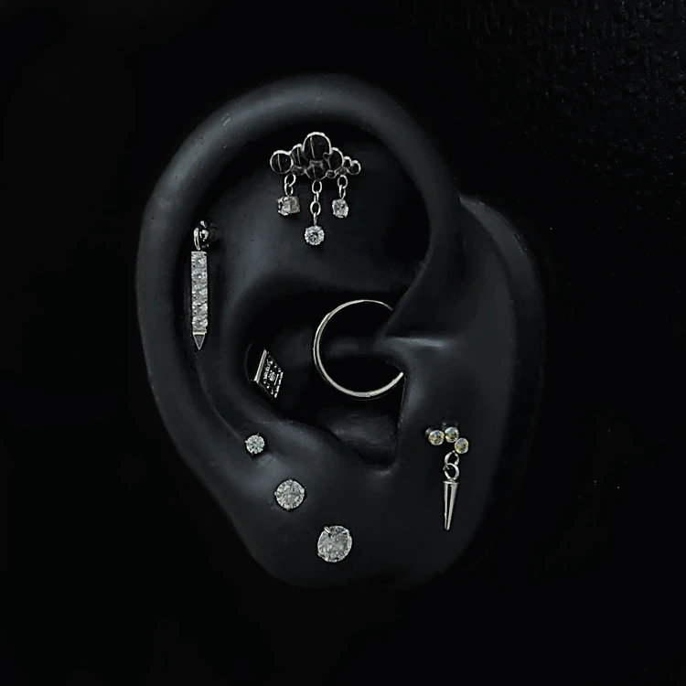 Oreja de muestra en silicón negro con siete piezas de titanio: colgantes con gemas, un aro en la concha y labrets